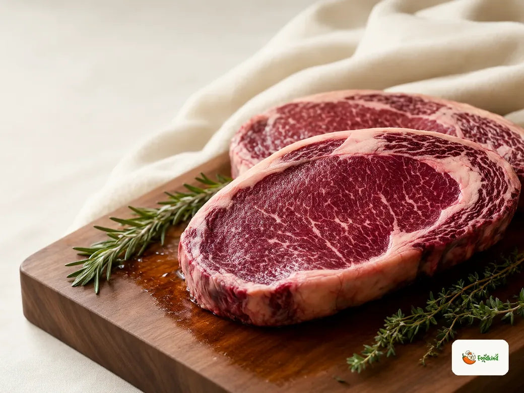 Assortment of premium grass-fed steaks on a wooden butcher board
